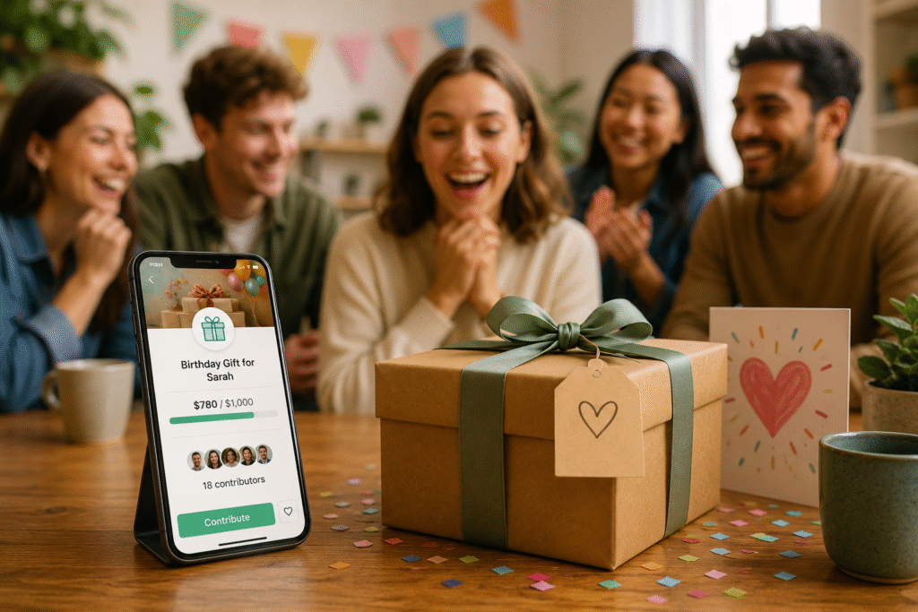 OnShout group gift app - friends celebrating birthday with phone showing group gift fund of $780 collected from 18 contributors