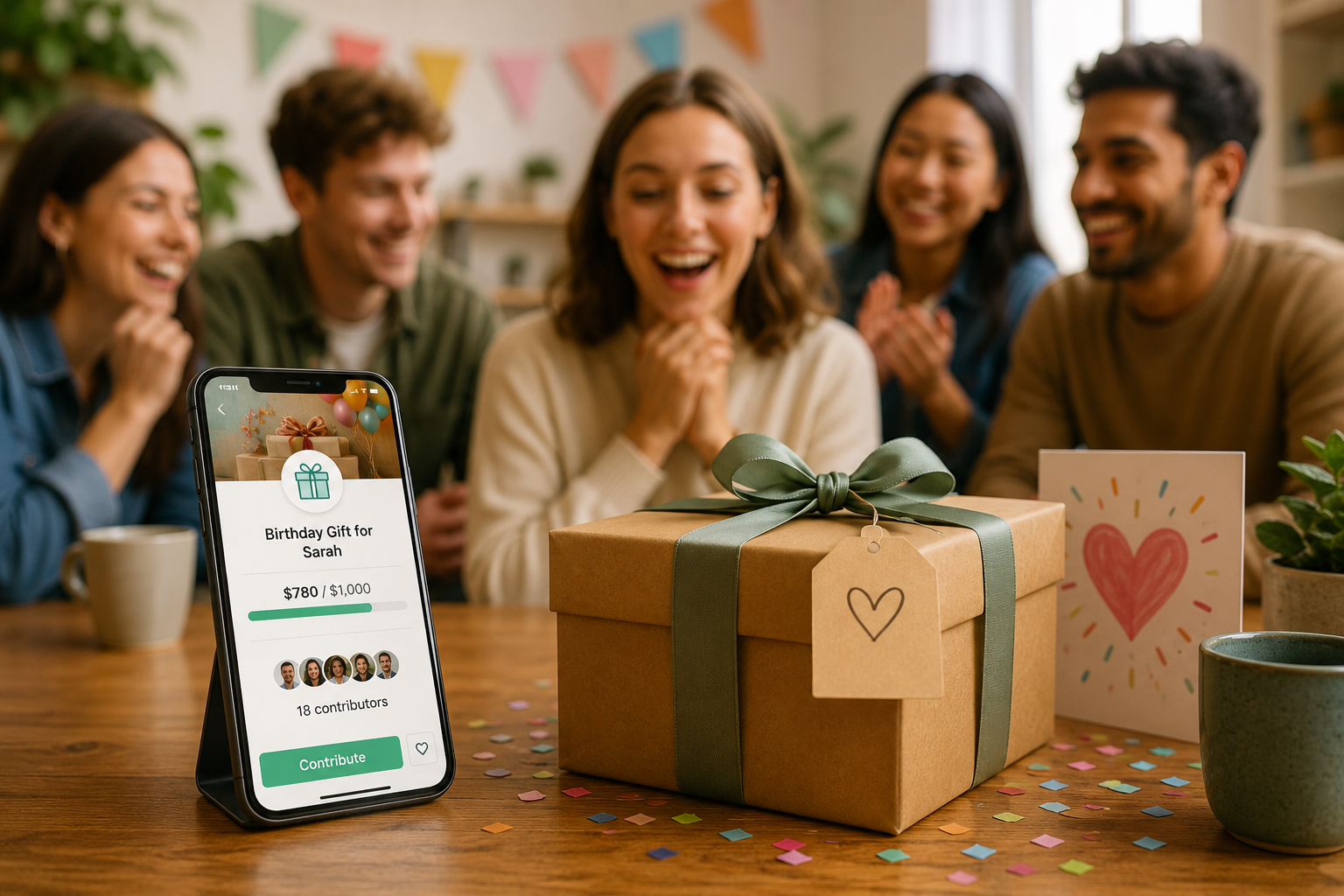 OnShout group gift app - friends celebrating birthday with phone showing group gift fund of $780 collected from 18 contributors